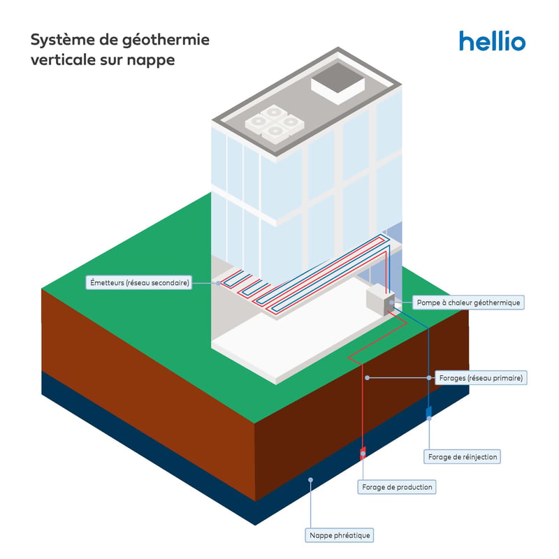 Schéma géothermie verticale sur nappe bâtiment tertiaire